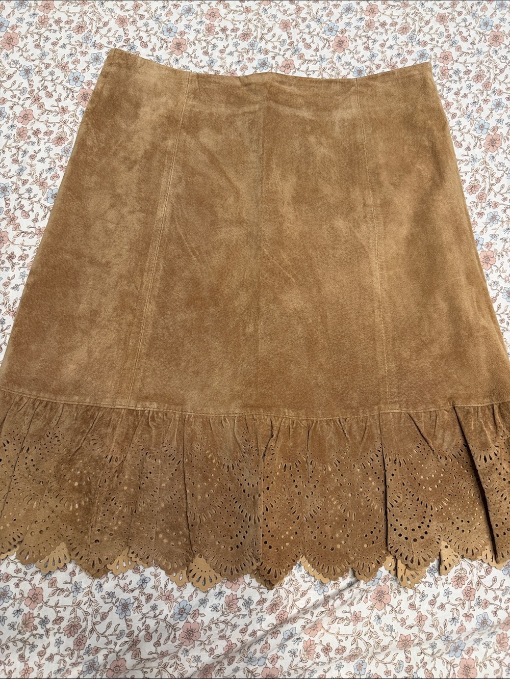 Anthropologie Elevenses Tan Suede A-Line Skirt with Scalloped Laser-Cut Hem